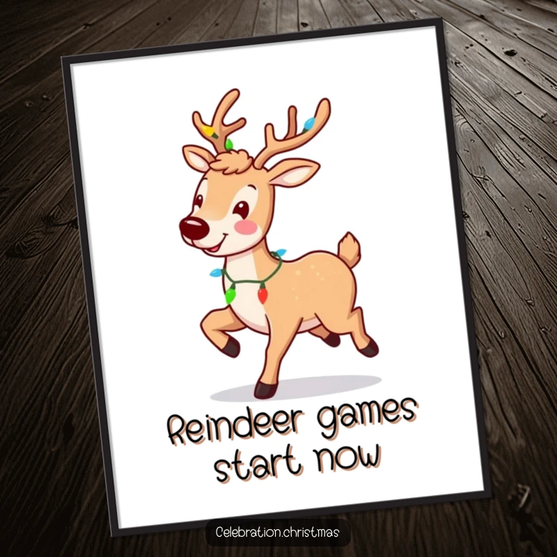 Funny Free Printable Wall Art: A smiling reindeer prancing joyfully, festive lights twinkling on its antlers, adding holiday charm.