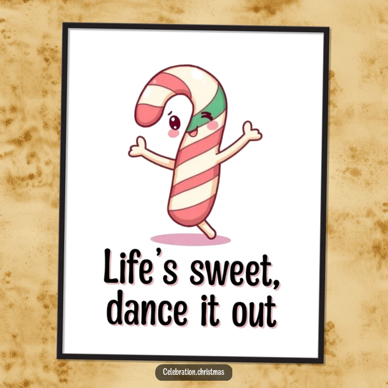 Funny Free Printable Wall Art: A cheerful candy cane joyfully doing a happy little dance.