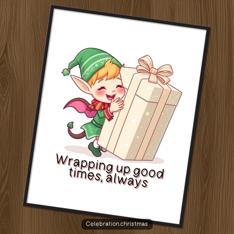 Funny Free Printable Wall Art: A cute elf joyfully wraps a huge, glittery present, creating a festive and charming scene.