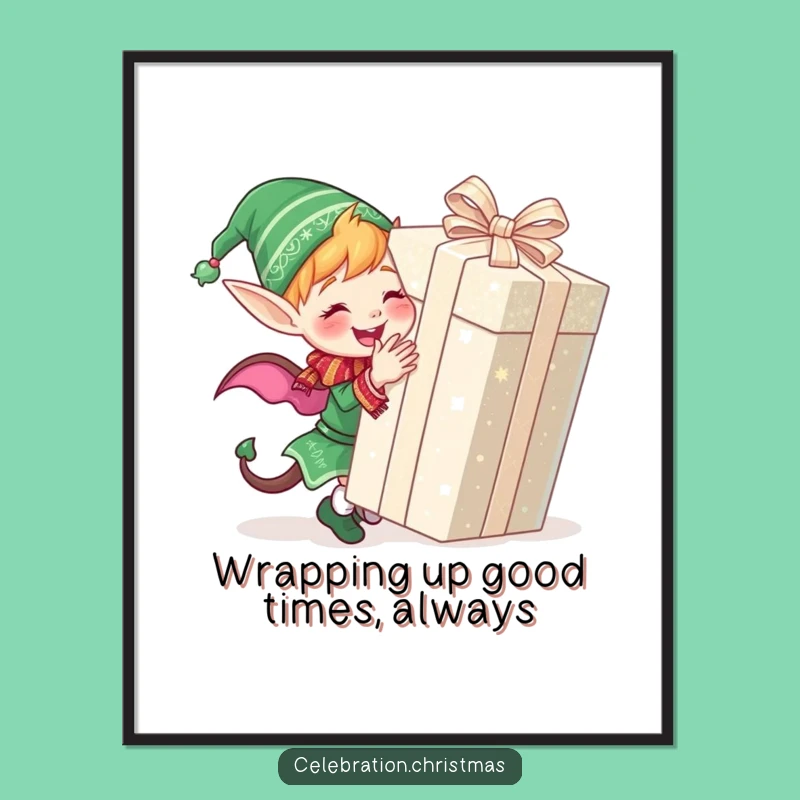 Free Printable Wall Art: Elf Wrapping Joy, Whimsical Downloadable Art for Festive Decor