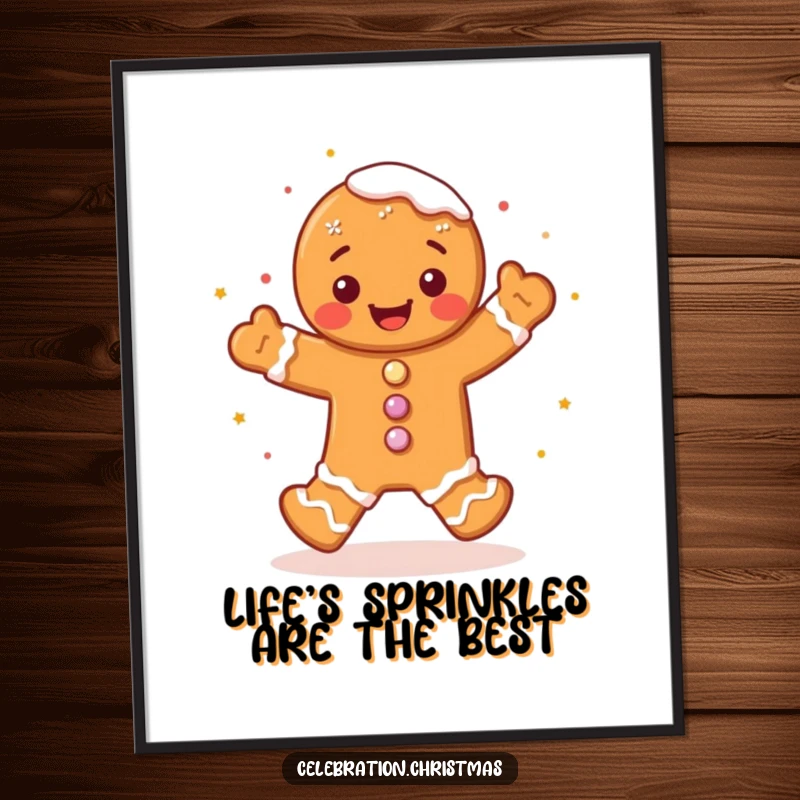 Funny free printable wall art: a happy gingerbread man with frosting sprinkles doing a lively jig, bringing cheer to any room.