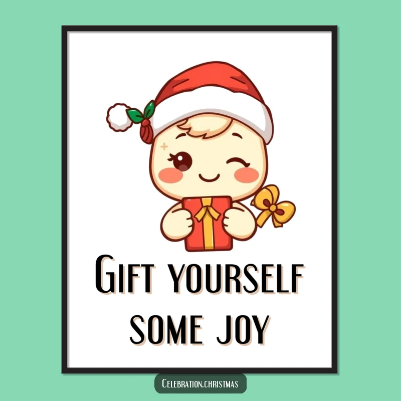 Free Printable Wall Art: Kawaii Santa - Gift Holding Funny Festive Decor