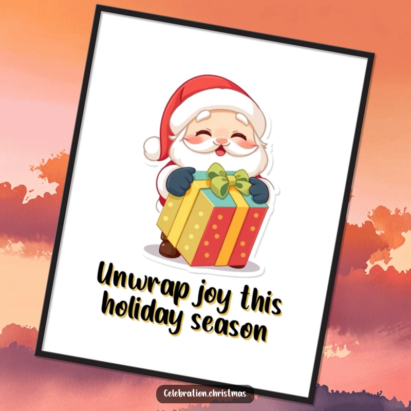 Funny Free Printable Wall Art: Cute Santa Claus excitedly unwrapping a brightly colored present, capturing pure joy.