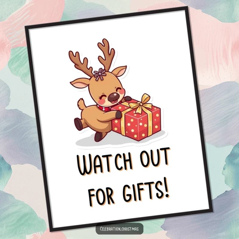 Funny free printable wall art featuring a reindeer comically tripping over a Christmas present, adding humorous holiday vibes.