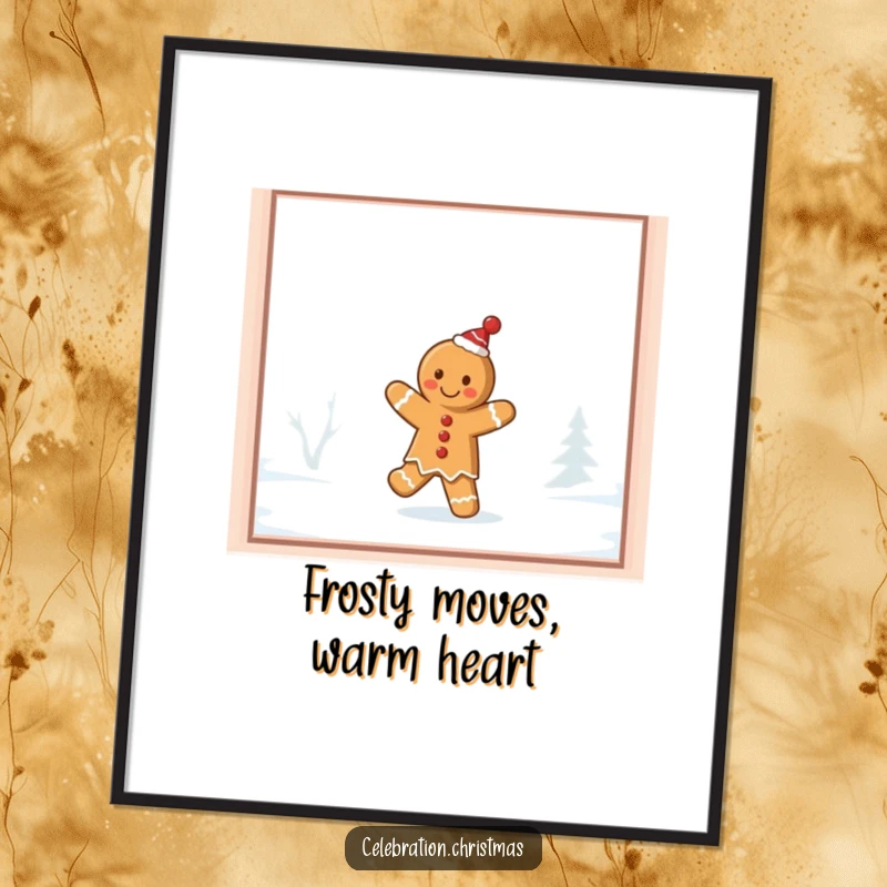 Funny Free Printable Gingerbread Cookie Wall Art: A cookie dancing on a frosty window, adding whimsy.