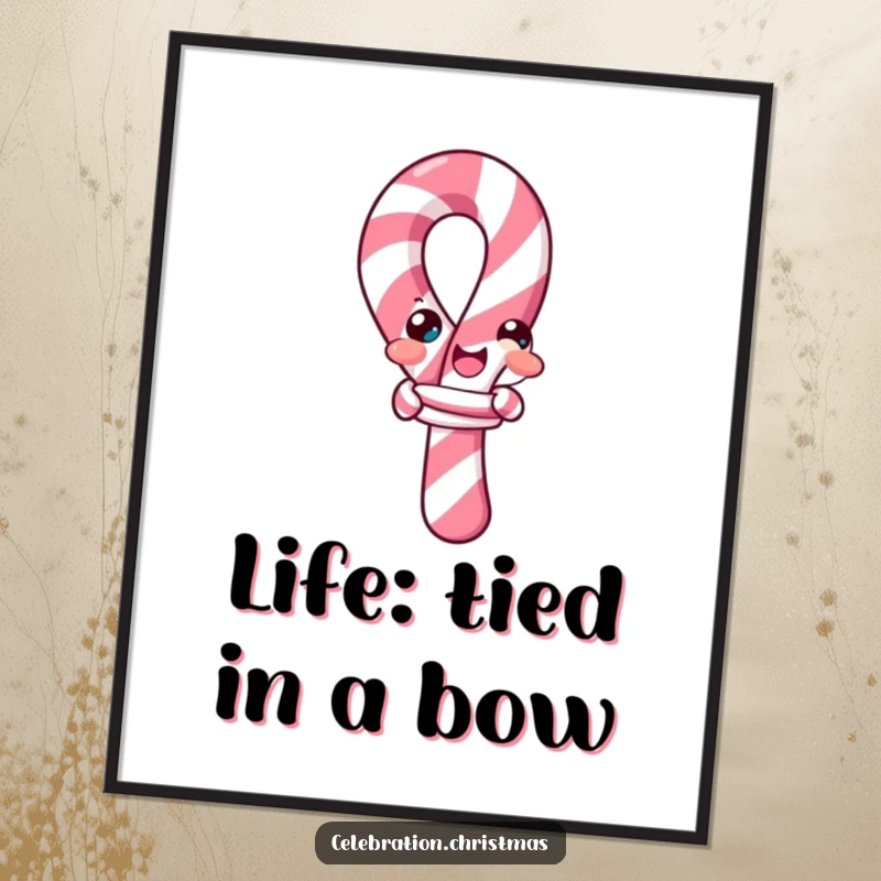 Funny Free Printable Candy Cane Wall Art: A cheerful candy cane comically tied in a knot, adding whimsy.