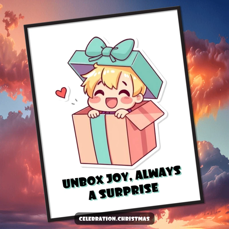 Funny Free Printable Gift Box Wall Art: A gift box character pops open, showering confetti and cheer, perfect for playful decor.