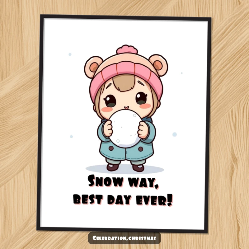 Funny Free Printable Snowball Wall Art: A character grips a snowball, ready for a fun throw, adding playful energy to decor.