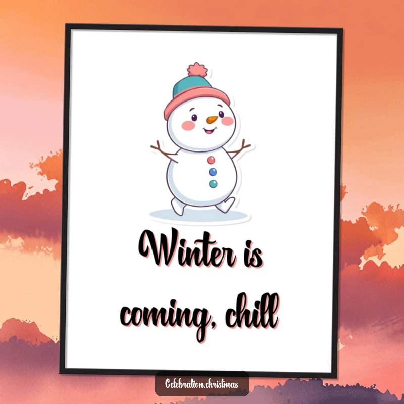 Funny Free Printable Wall Art: A snowman character with a tilted hat, waddling with joy, cartoon style.