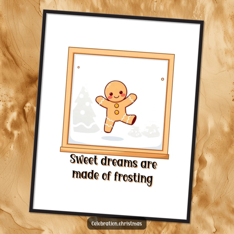 Funny Free Printable Wall Art: A kawaii gingerbread person playfully dances on a frosted window pane, bringing sweet cheer.