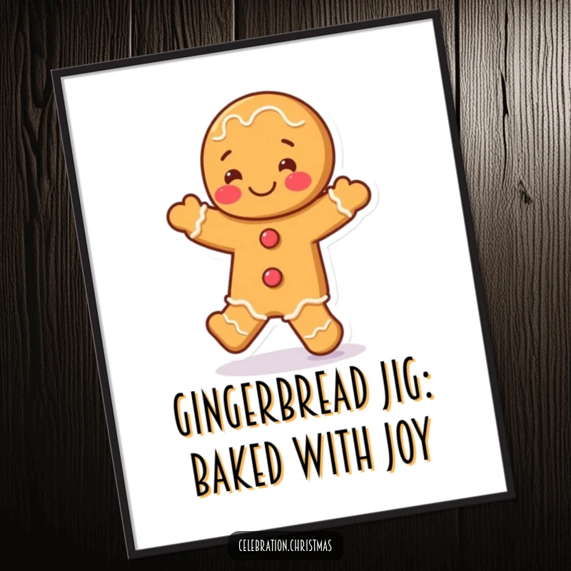 Funny Free Printable Wall Art: A gingerbread man captured mid-dance, radiating pure, jigging happiness and downloadable charm.