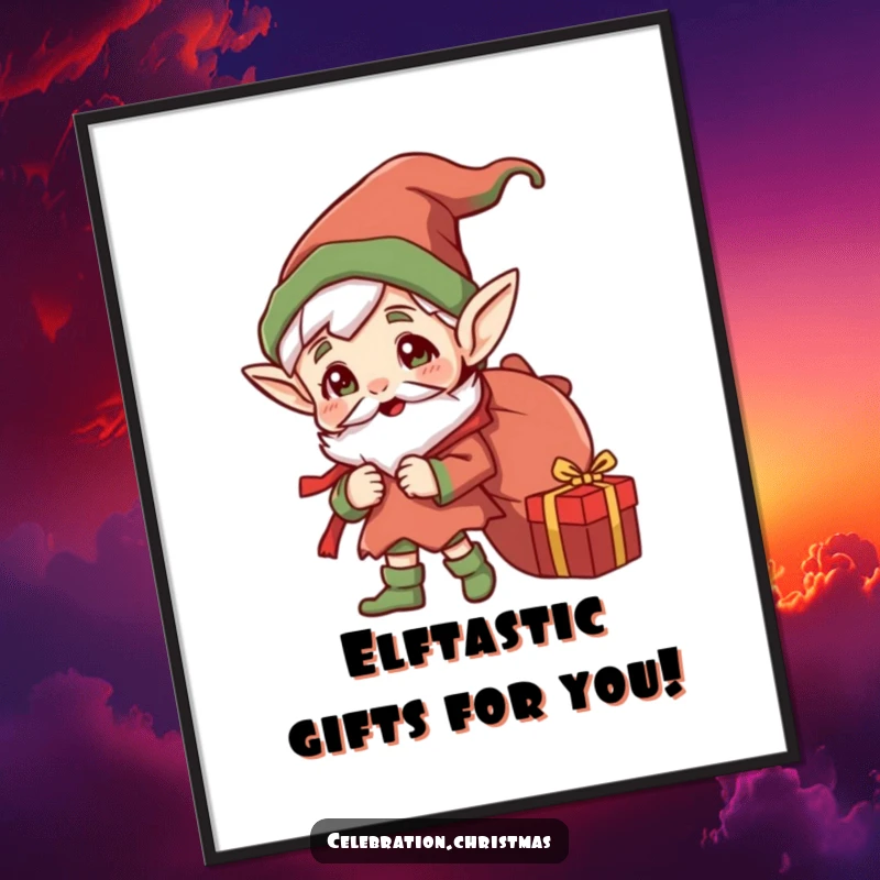 Charming free printable wall art of a jolly elf with pointed ears carrying a sack overflowing with colorful gifts.