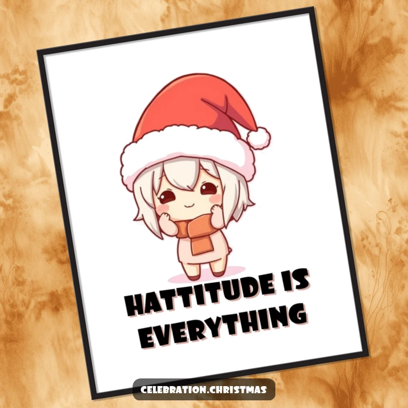 Funny Free Printable Wall Art: Kawaii character comically trying on a ridiculously oversized festive hat, bringing laughter.
