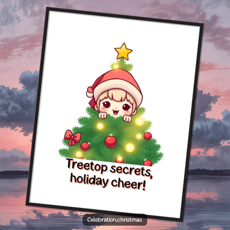 Funny Free Printable Wall Art: Kawaii character peeking from behind a brightly lit Christmas tree, adding holiday cheer.