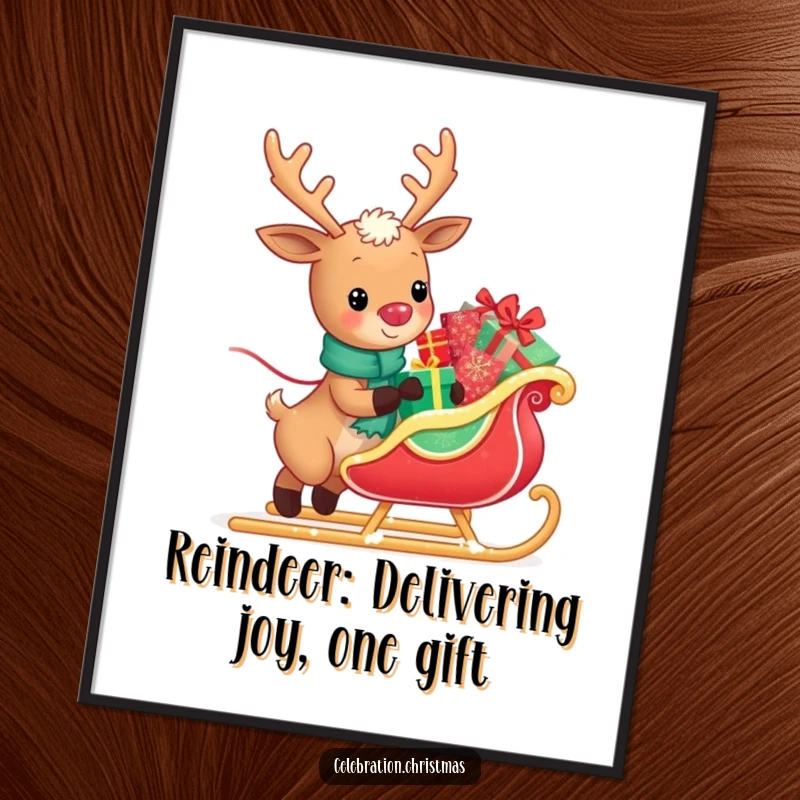 Funny Free Printable Wall Art: A kawaii reindeer happily pulls a sleigh overflowing with glistening presents, spreading cheer.
