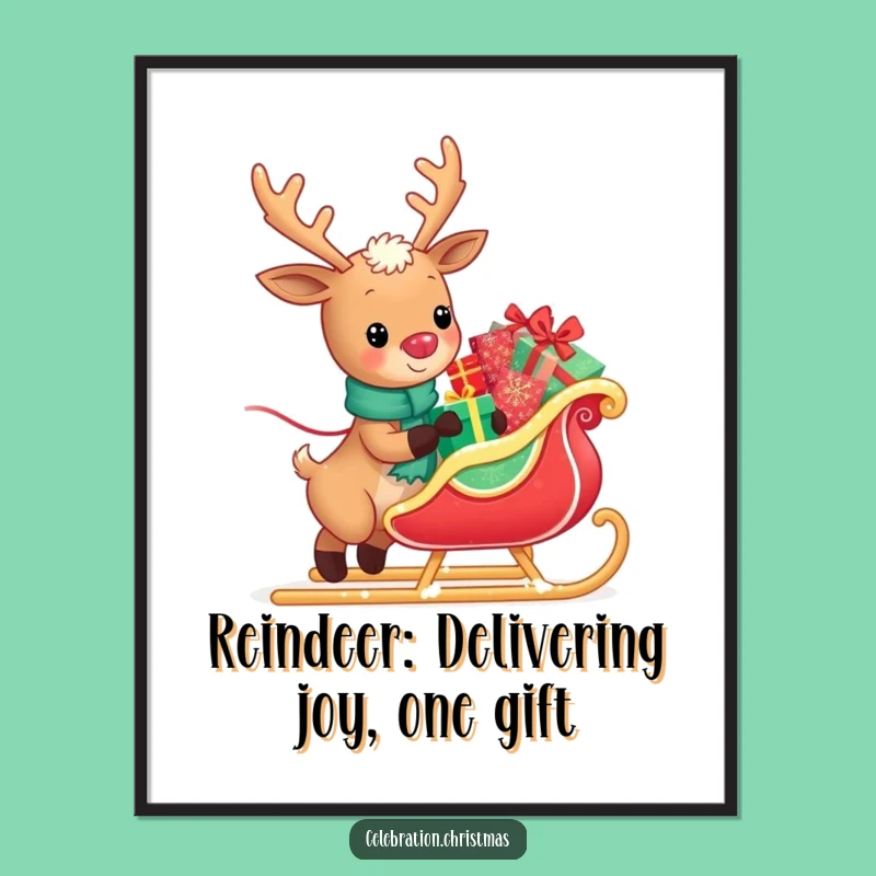 Funny Free Printable Wall Art: Kawaii Reindeer Sleigh, Whimsical Downloadable Decor!