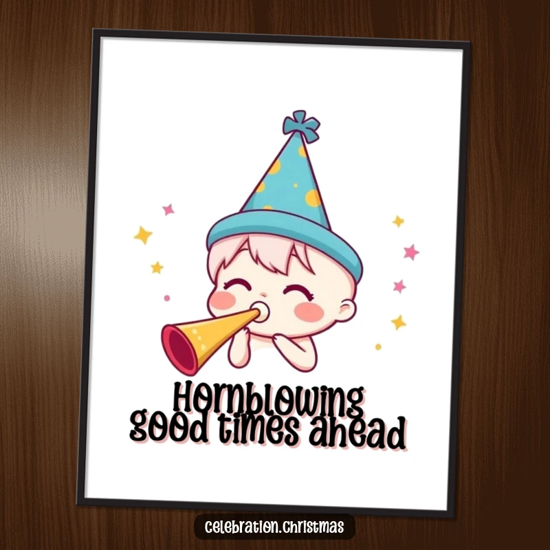 Funny Free Printable Wall Art: A character in a party hat enthusiastically blowing a party horn, full of festive energy.