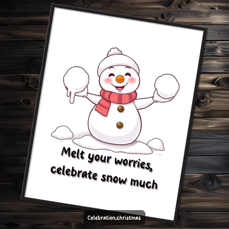Funny Free Printable Wall Art: A mischievous snowman comically juggling melting snowballs, bringing playful winter vibes.