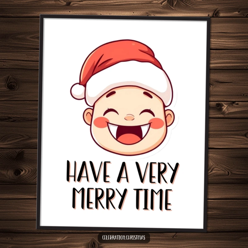 Funny Free Printable Wall Art: Kawaii Santa hat character with a huge joyful grin and rosy cheeks, radiating happiness, downloadable decor.