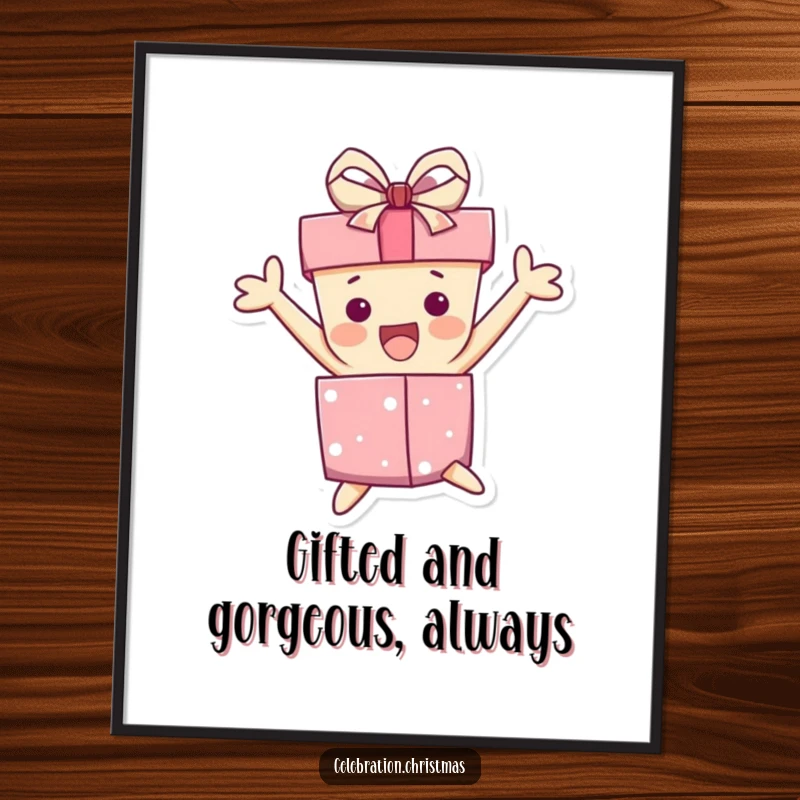 Funny free printable wall art: Gift box character with a crooked ribbon, captured mid-jump with pure, unadulterated excitement.