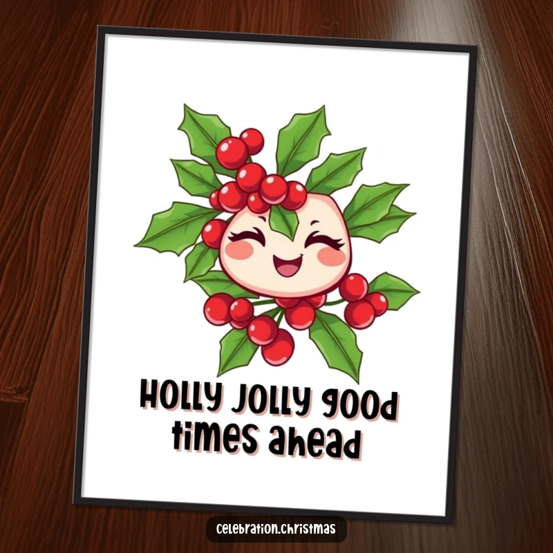 Funny Free Printable Wall Art: A cheerful holly branch with berries giving a fun, playful wink.