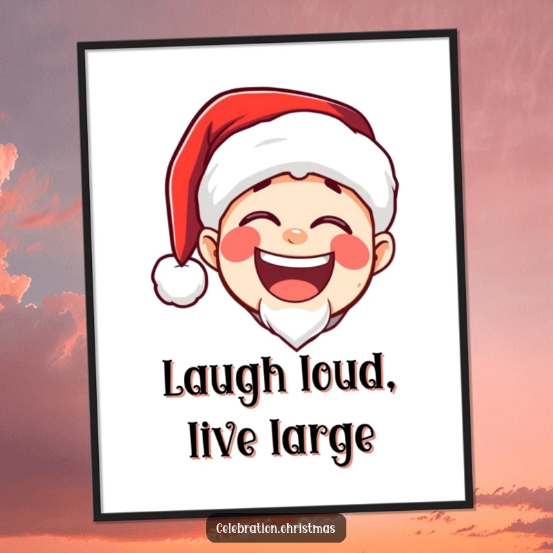 Funny free printable wall art: Santa Claus character in a hat, roaring with laughter, radiating pure joy.