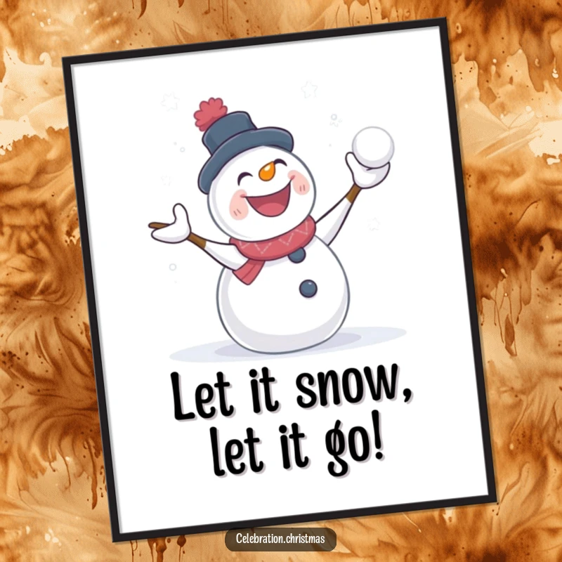 Funny free printable wall art: a cheerful snowman enthusiastically throwing snowballs, bringing playful winter vibes indoors.
