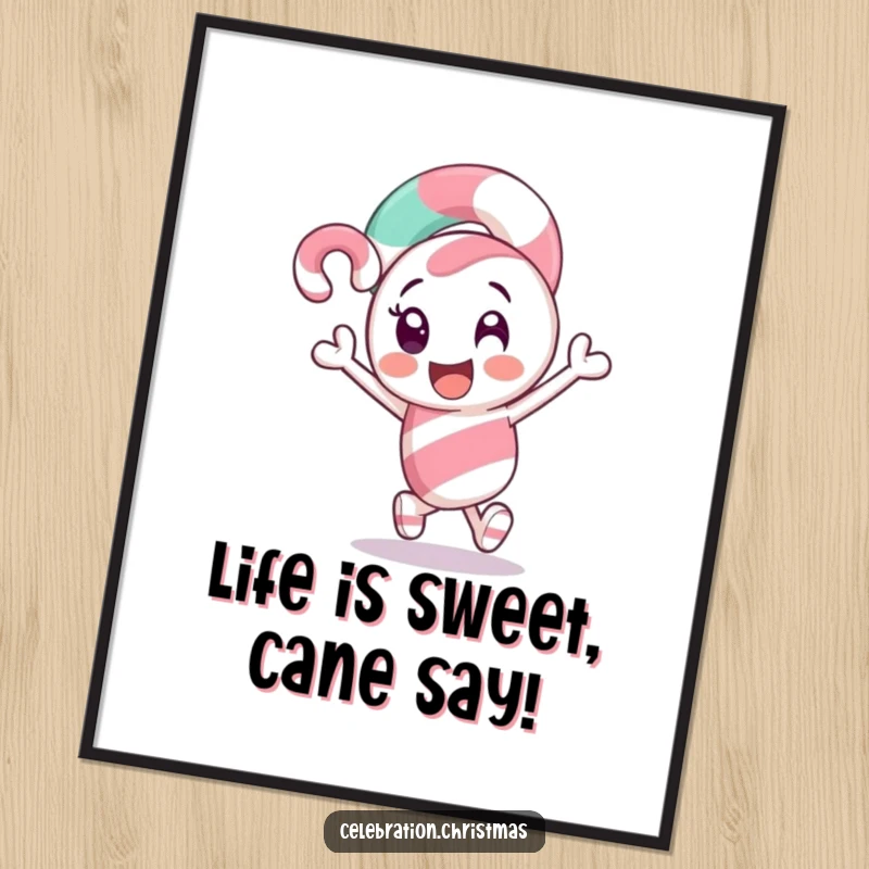 Funny Free Printable Wall Art: Candy cane character excitedly leading the way, full of energy, downloadable decor.