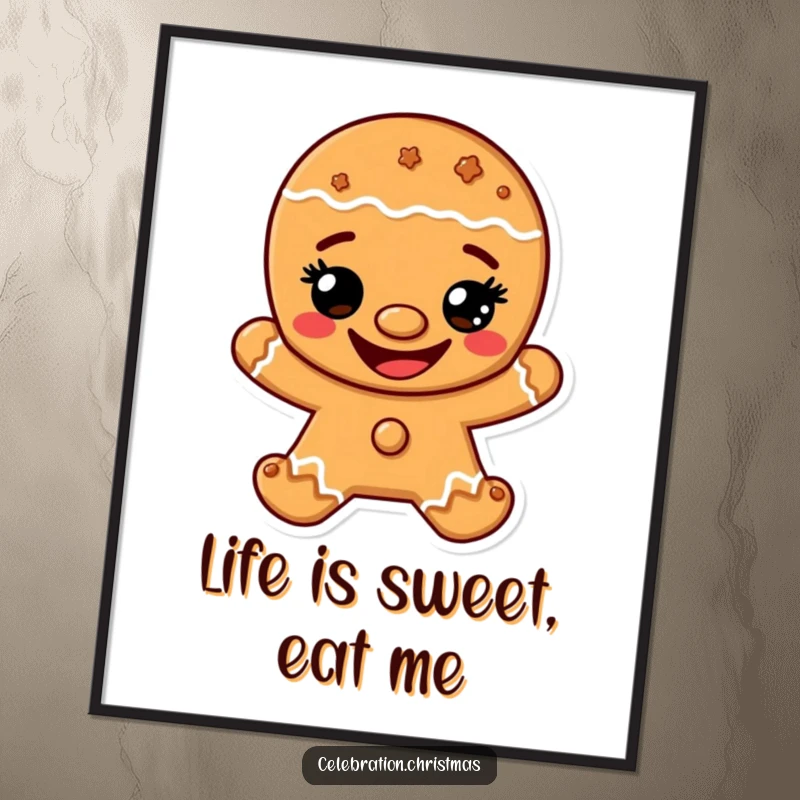 Funny Free Printable Wall Art: A gingerbread man character with a wide, happy cookie grin, cartoon style.