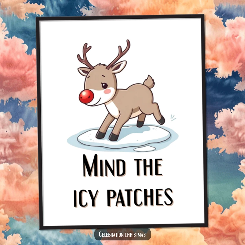Funny Free Printable Reindeer Wall Art: A reindeer comically slipping on ice, adding humor to decor.