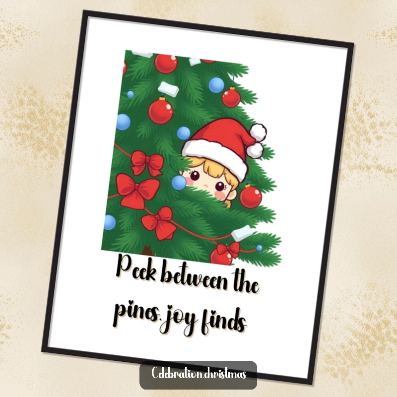 Funny Free Printable Wall Art: A Santa hat character peeking mischievously from behind an enormous Christmas tree.