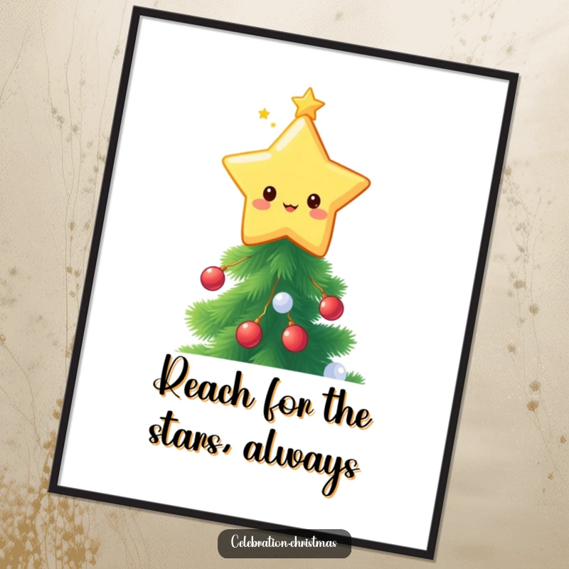 Funny Free Printable Wall Art: A kawaii star topper character twinkling brightly on top of a decorated festive tree.