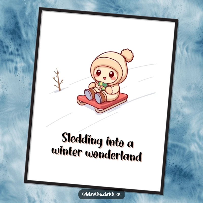 Funny Free Printable Wall Art: A cute kawaii character joyfully sliding down a snowy hill on a sled.