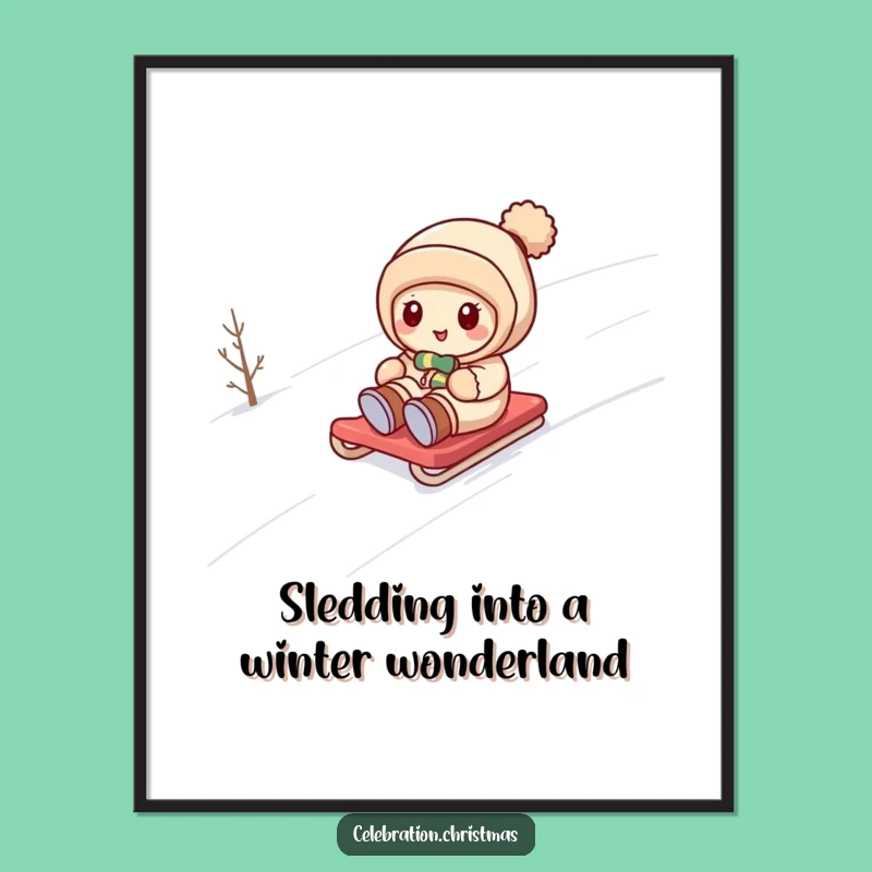 Funny Free Printable Wall Art: Kawaii Snow Sledding Character - Downloadable Decor