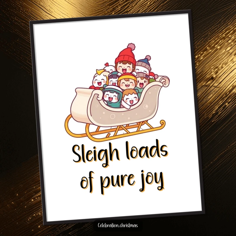 Funny Free Printable Sleigh Wall Art: A sleigh brimming with happy, laughing characters creates a joyful and whimsical piece of decor.