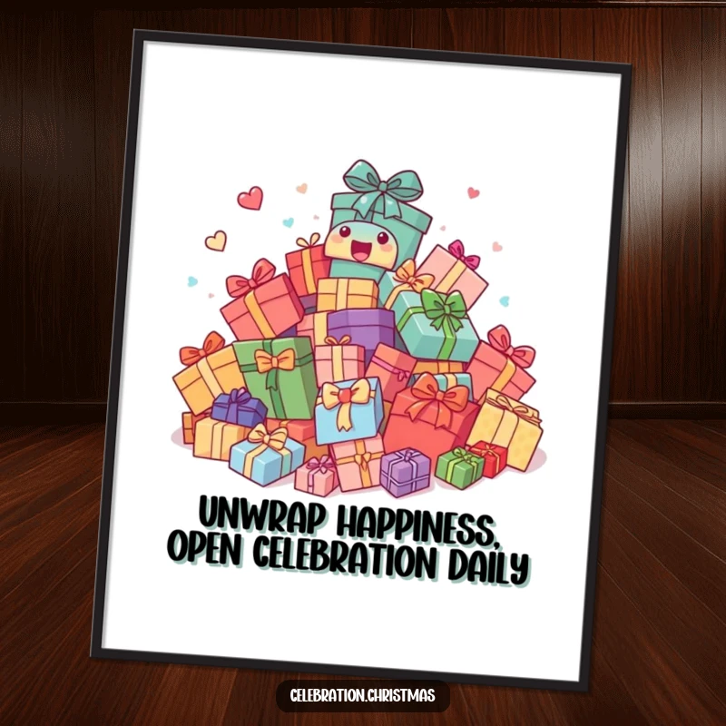 Funny Free Printable Wall Art: Comically bouncing presents radiating joy and excitement, perfect for a playful room.