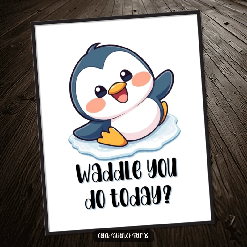 Funny Free Printable Wall Art: A kawaii penguin slips and slides on ice with a big grin, bringing playful energy.