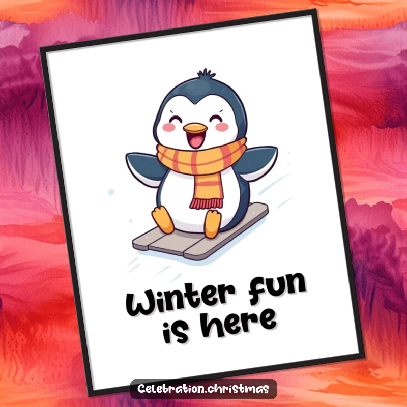 Funny Free Printable Wall Art: Kawaii penguin with a scarf, gleefully sliding down a snowy hill with a joyful whoop.
