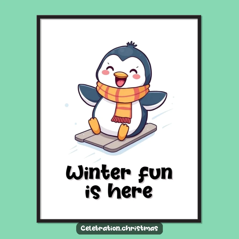 Funny Free Printable Wall Art: Penguin Slide, Whimsical Downloadable Decor