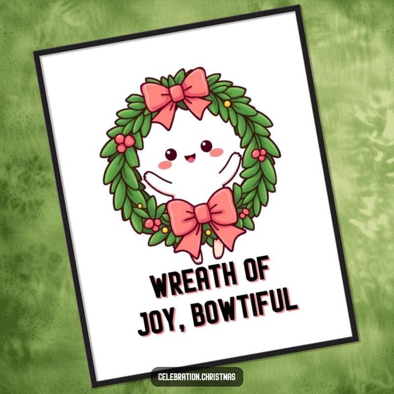 Funny Free Printable Wreath Wall Art: A decorative wreath with a big, cheerful bow performing a celebratory twirl. Whimsical downloadable art.