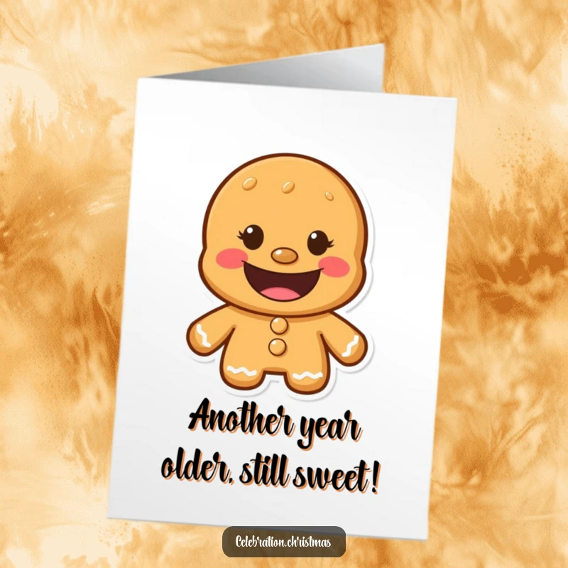 Funny Free Printable Birthday Card: Gingerbread man with a huge, happy cookie grin, ready to celebrate.