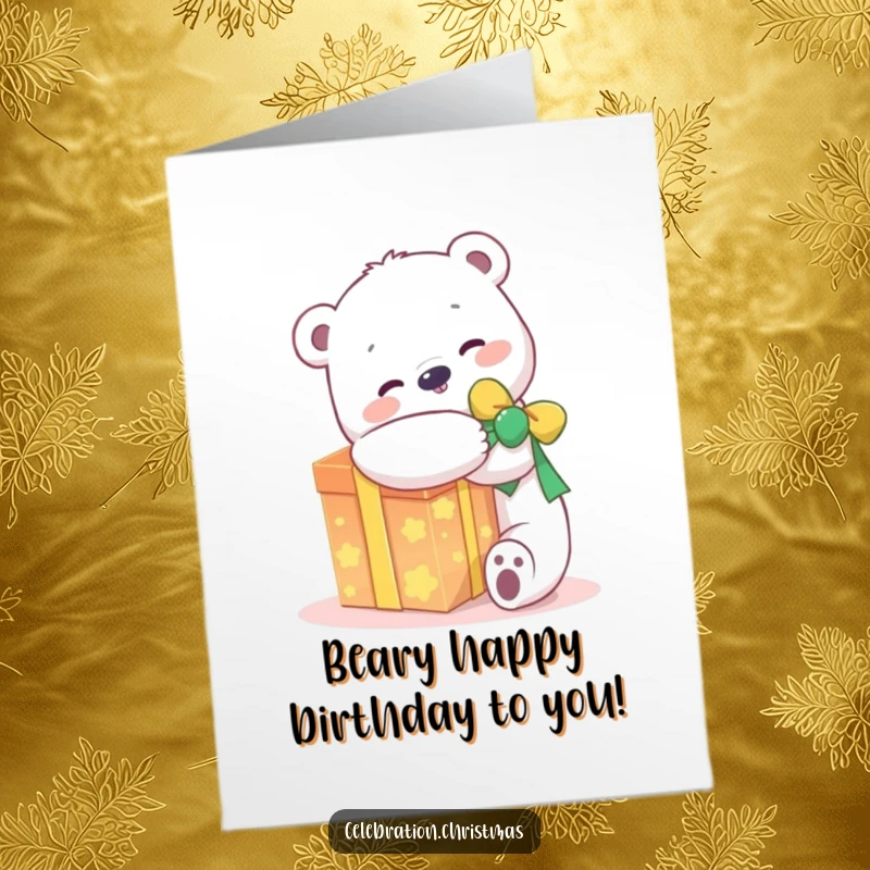 Funny Free Printable Birthday Card: a kawaii polar bear hugs a giant glowing present with delight, sending birthday wishes.