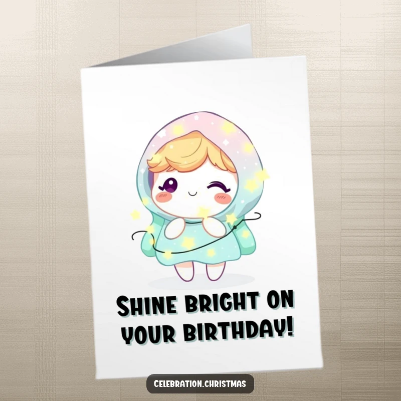 Funny Free Printable Birthday Card: Adorable kawaii character gleefully tangled in twinkling fairy lights, radiating happiness.
