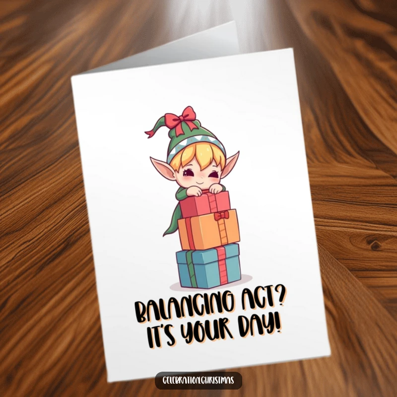 Funny free printable birthday card: an elf struggling to balance a towering stack of gifts, ready for celebration.