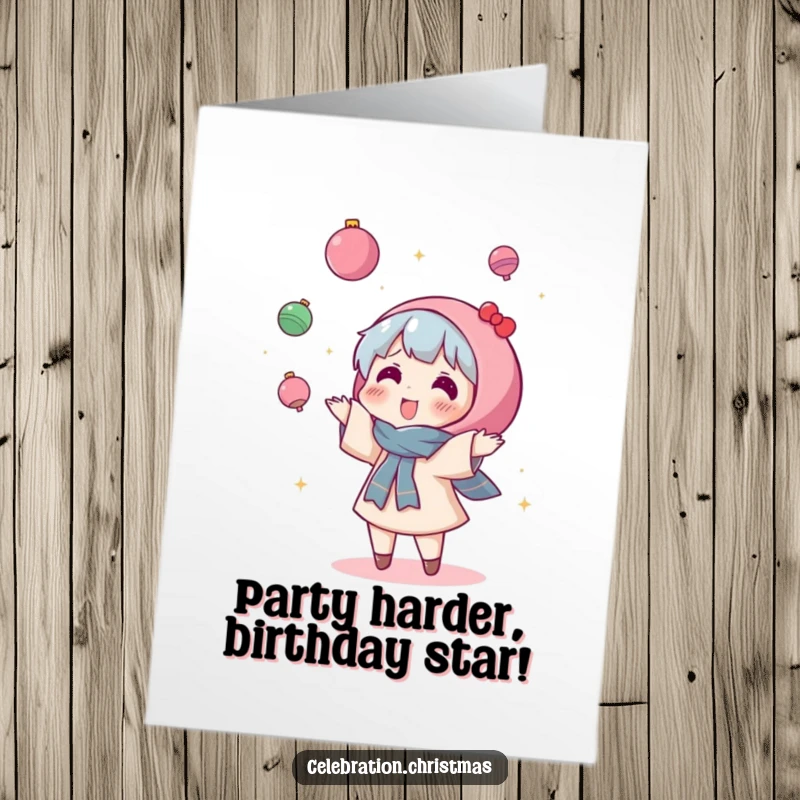 Funny Free Printable Birthday Card: Energetic kawaii character gleefully tossing sparkly ornaments high into the air with excitement.