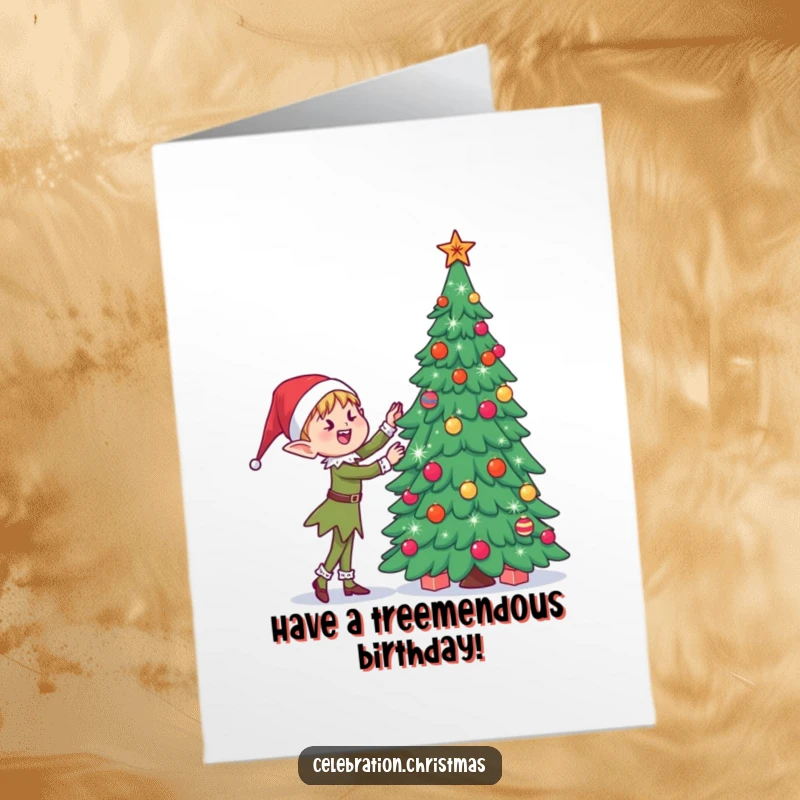 Funny Free Printable Birthday Card: Kawaii elf joyfully decorating a towering, sparkly Christmas tree for a birthday wish.