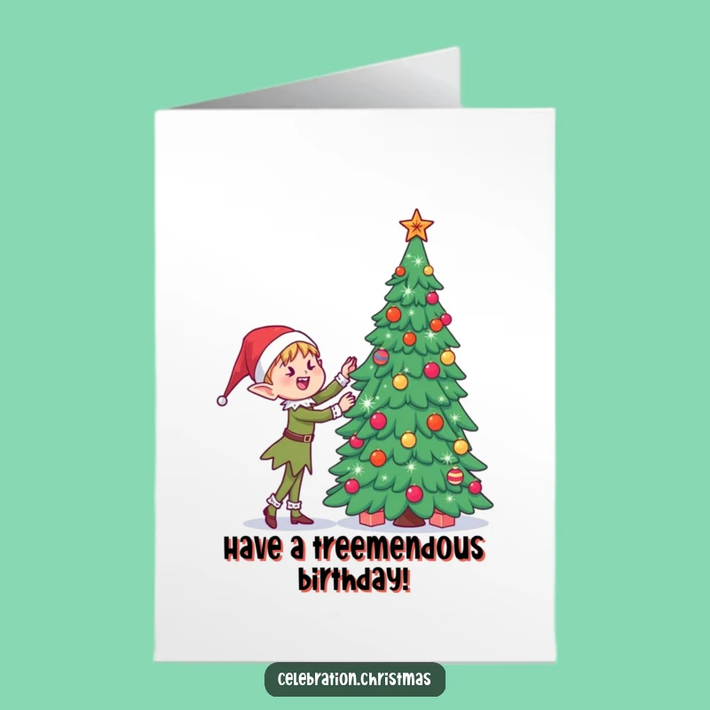 Free Printable Birthday Card: Joyful Elf Decorating Tree - Festive Downloadable Gift