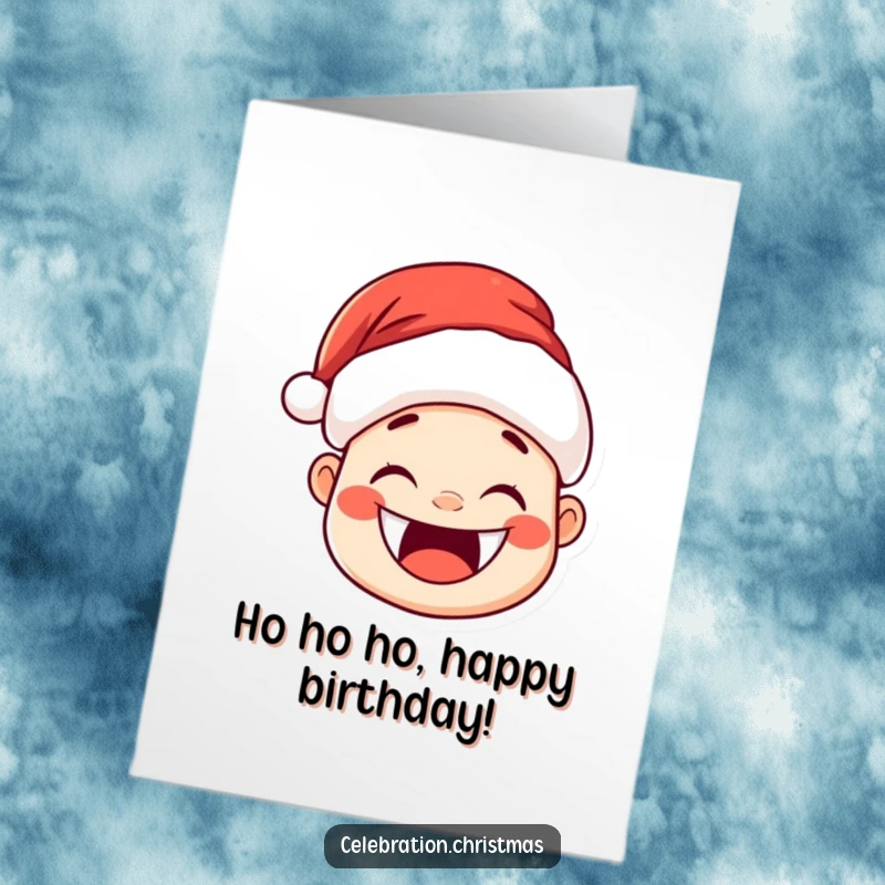 Funny Free Printable Birthday Card: Kawaii Santa hat character with a huge joyful grin and rosy cheeks, spreading cheer, downloadable gift.