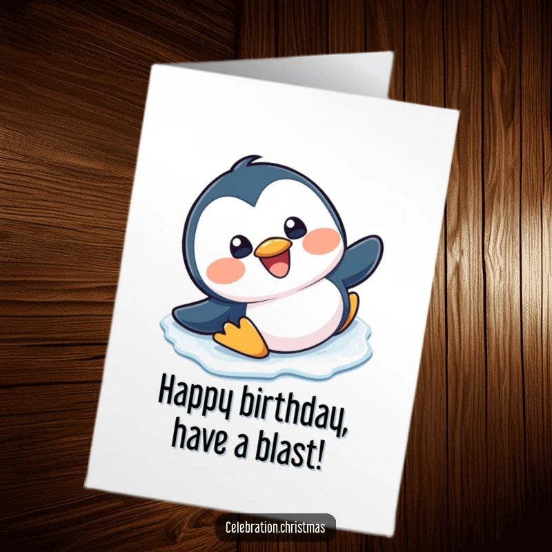 Funny Free Printable Birthday Card: Kawaii penguin slips and slides on ice with a big grin, celebrating a birthday.