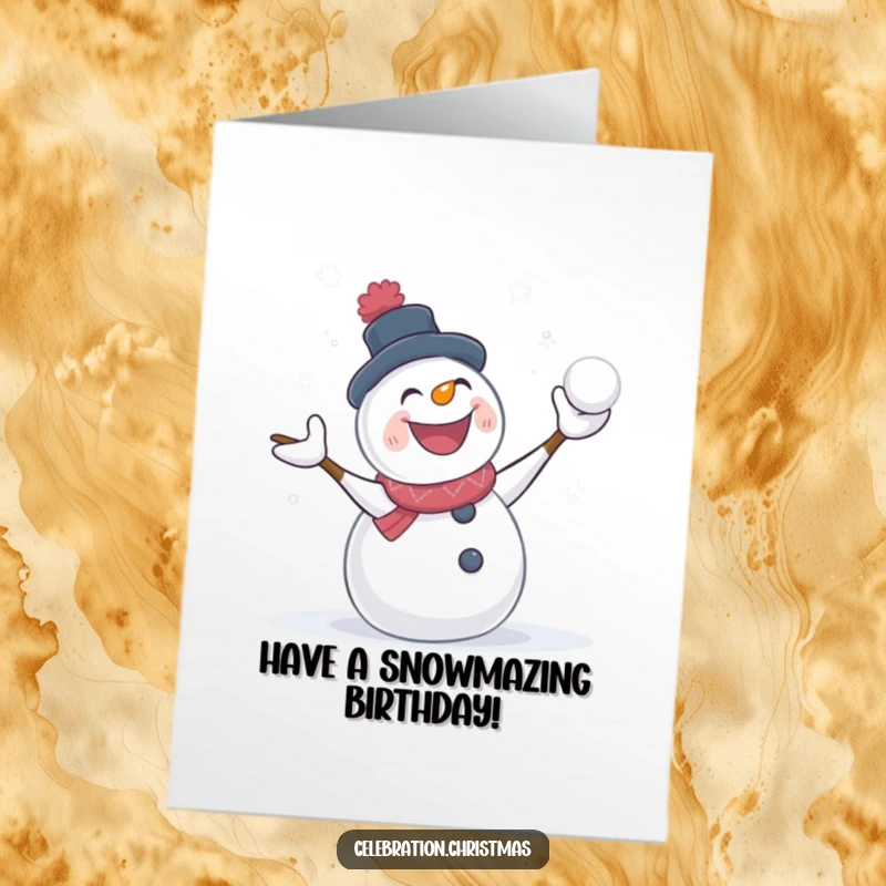 Funny free printable birthday card: a snowman gleefully engaged in a snowball fight, perfect for a winter birthday.